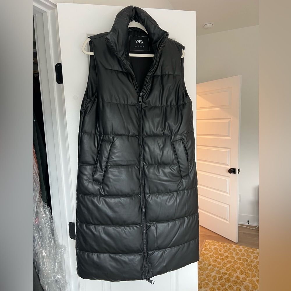 Zara Longline Faux Leather Puffer Vest Sz S